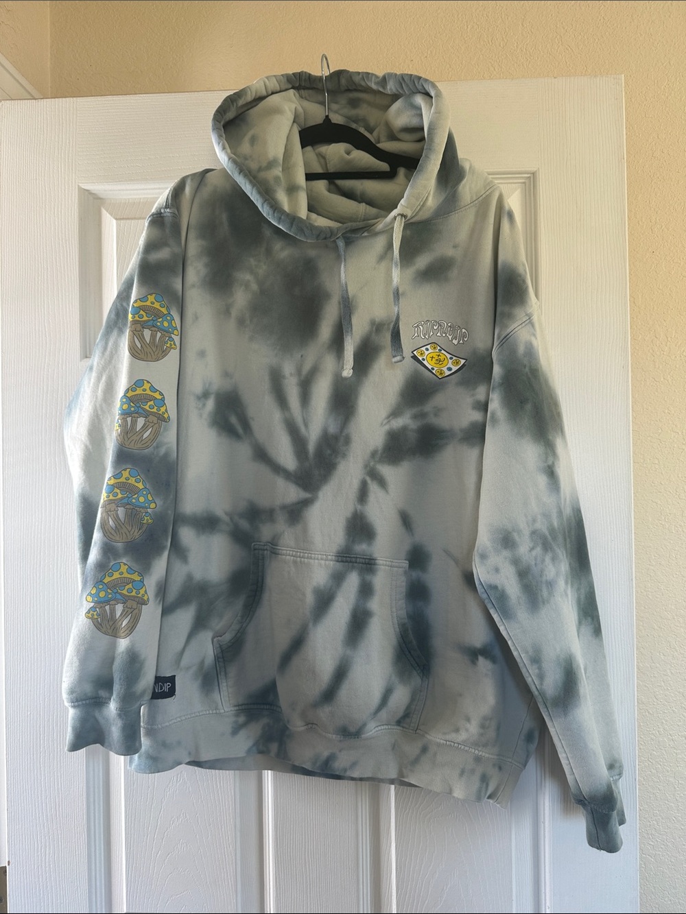 Ripndip Gray Tie-Dye Crewneck Hoodie with Mushroom Sleeve Prints